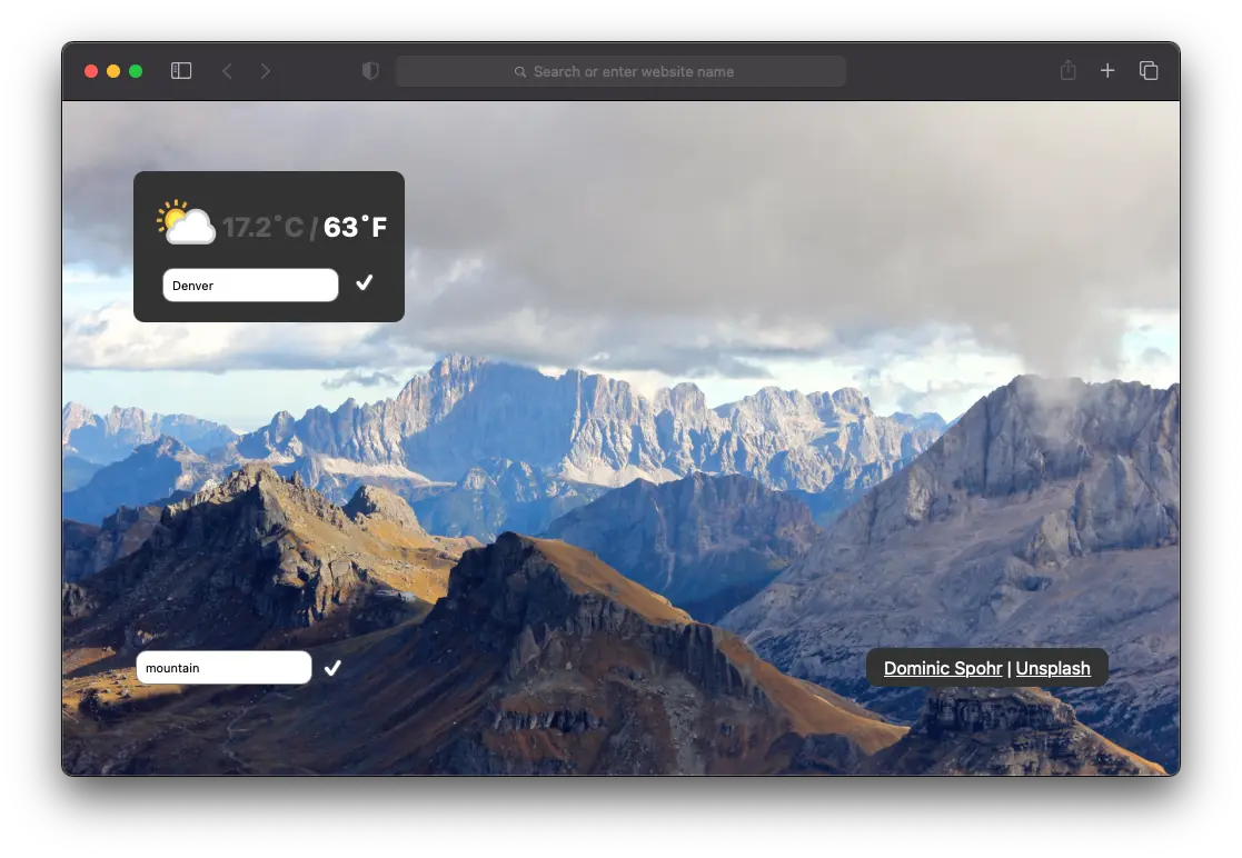 A screenshot of a browser window showing mountains and weather in Denver, Colorado